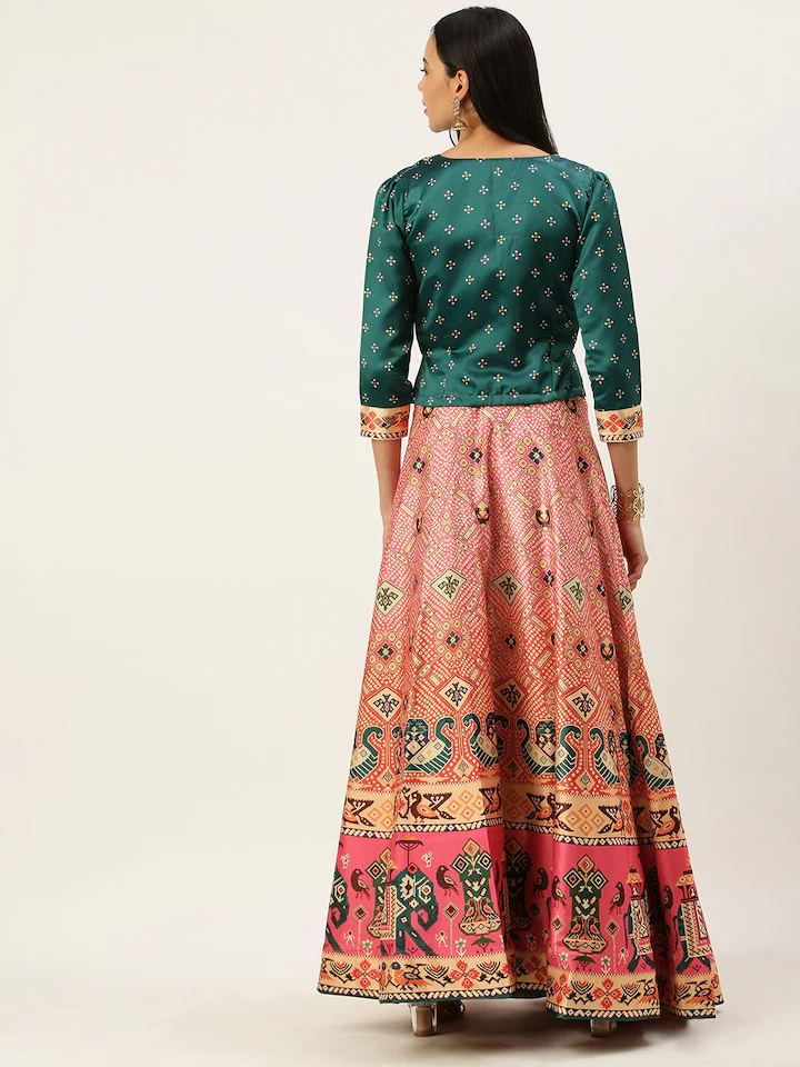 Women's Bandhni Patola Type Digital Print Shiney Satin Croptop Lehenga Choli With Unstitched Blouse