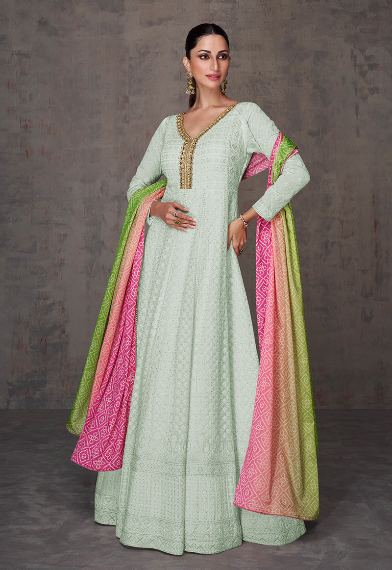 Women's Sea Green Color Georgette Embroidered Stitched Sharara Suit - Monjolika
