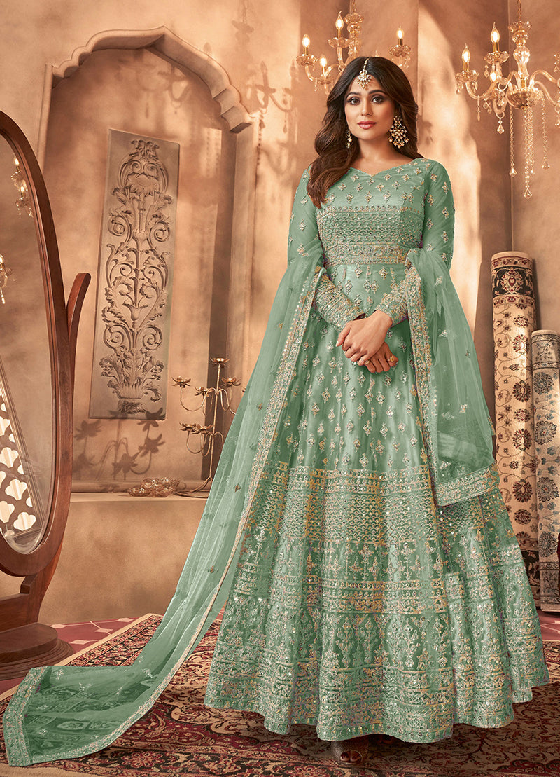 Women's Light Turquoise Color Georgette Semi Stitched Embroidered Anarkali Dress - Monjolika