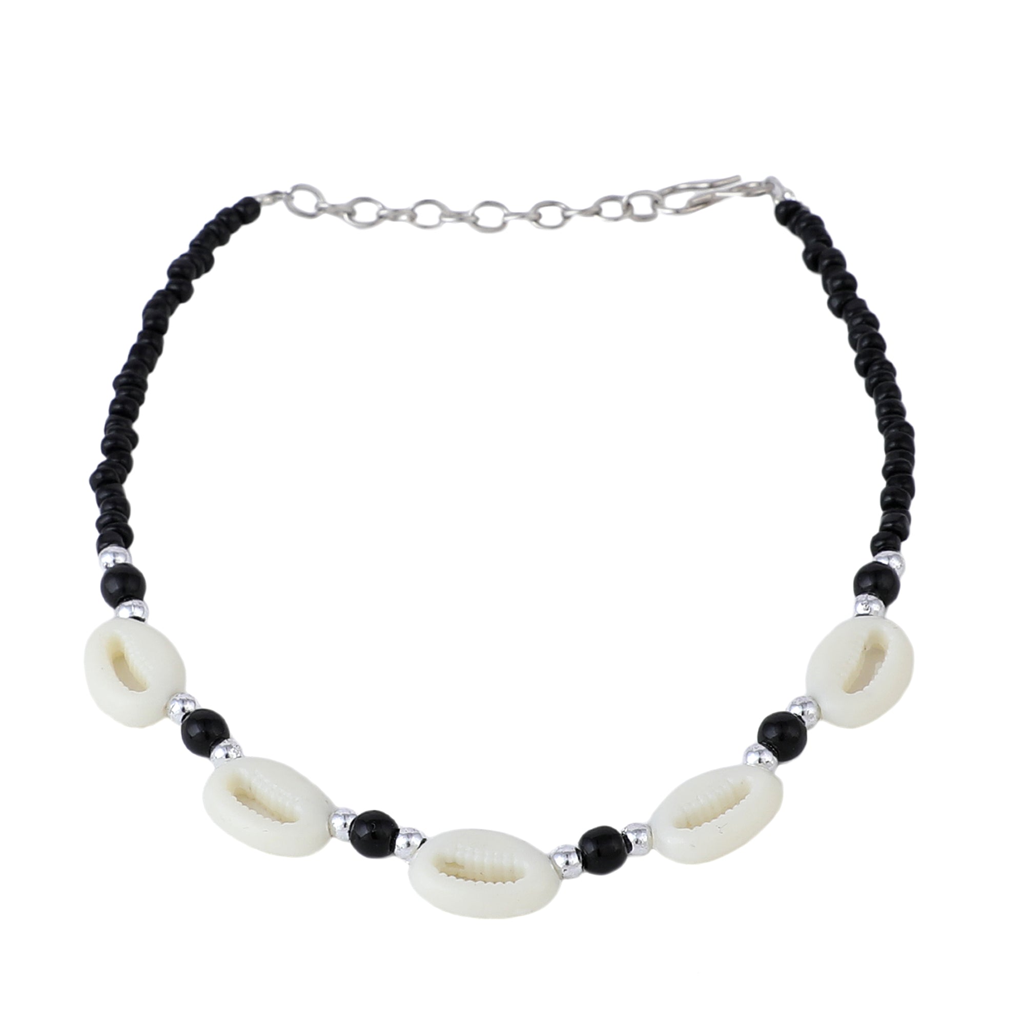 Women's Set Of 2 White Sea Shell And Black Beaded Hand Crafted Anklets
