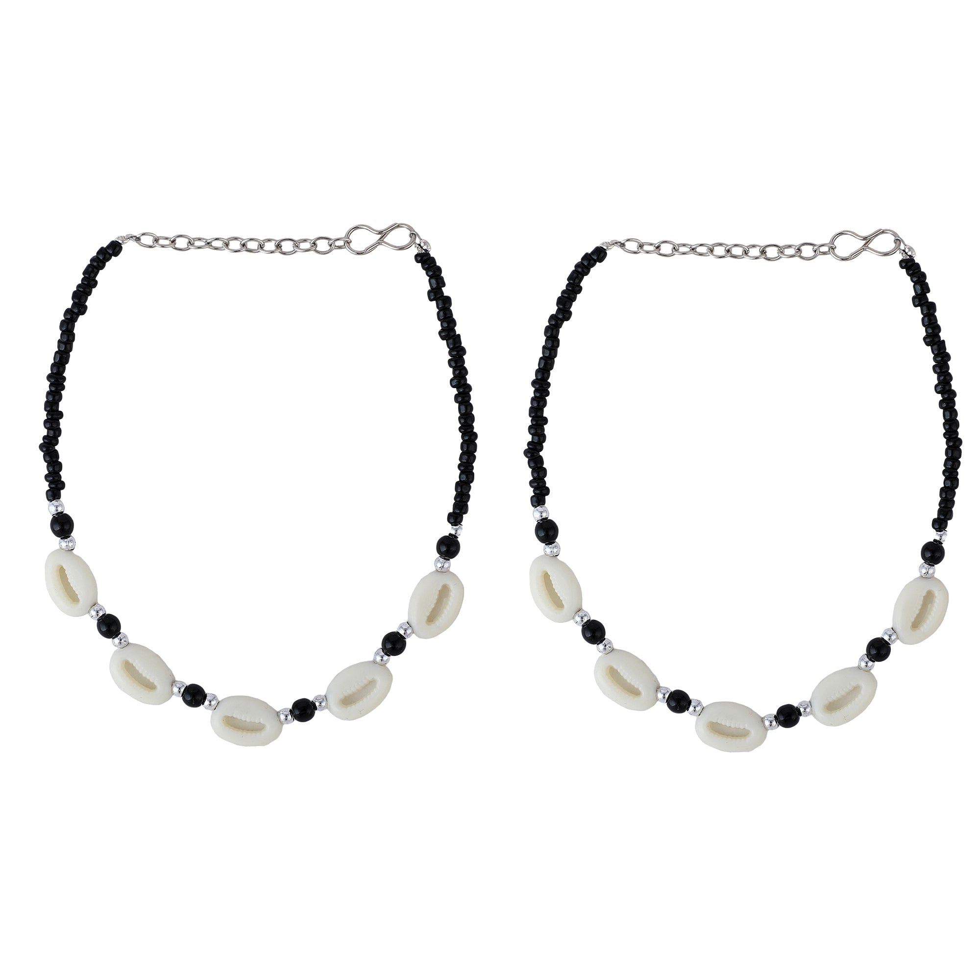 Women's Set Of 2 White Sea Shell And Black Beaded Hand Crafted Anklets