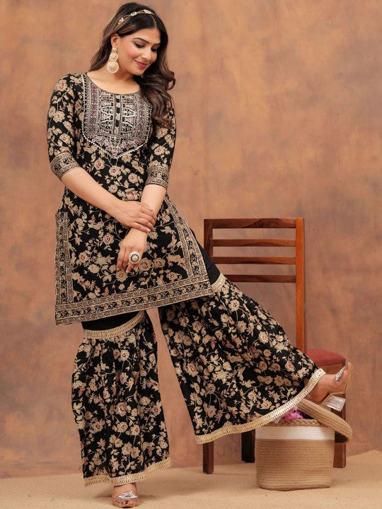 Women's Floral Printed Gotta Patti Straight Kurta with Sharara & Dupatta