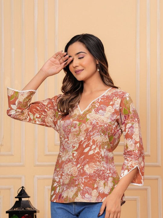 Women's Floral Print Mandarin Collar Shirt Style Top