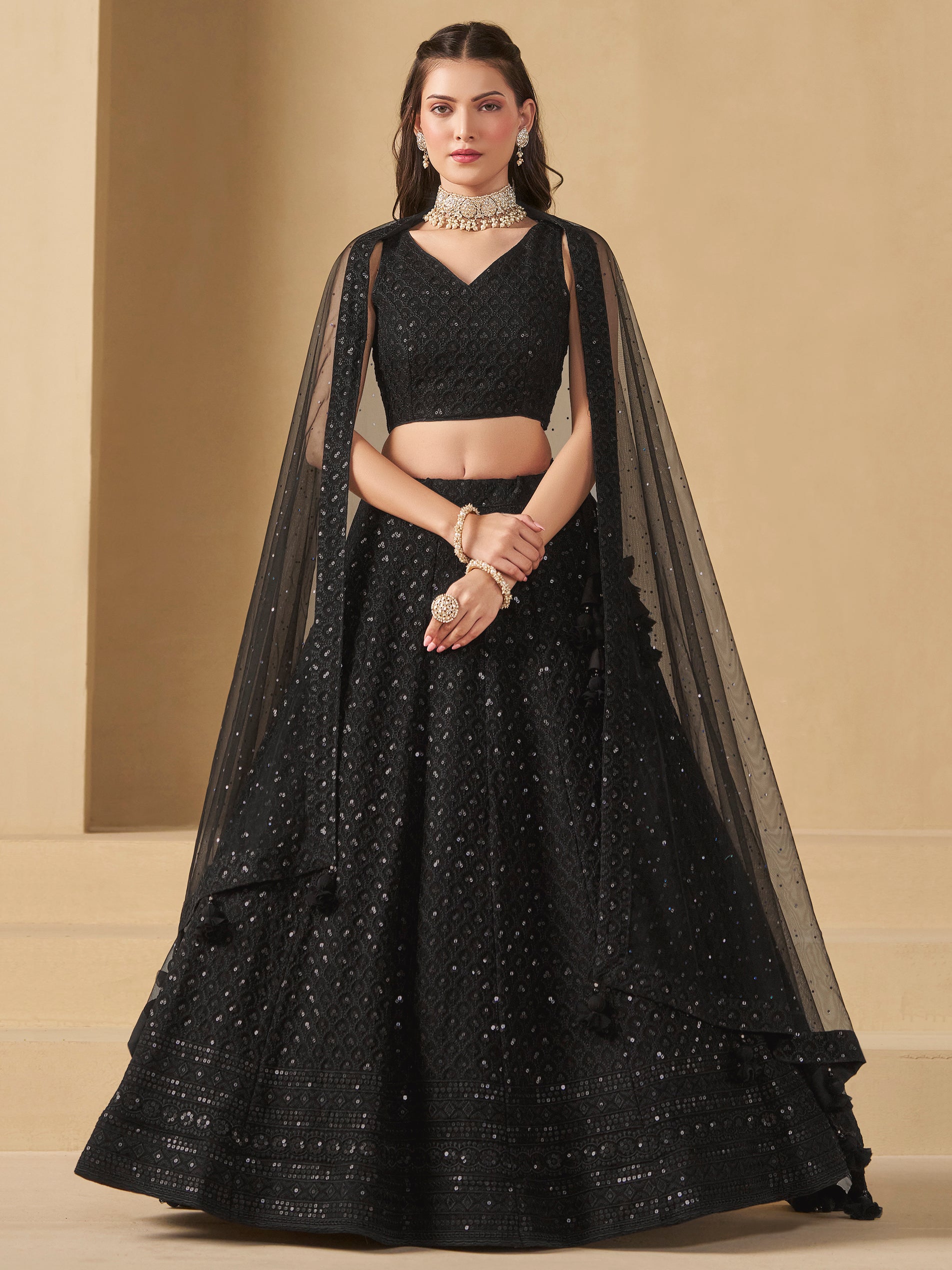 Women's Fabulous Black Sequins And Thread Embroidered Georgette Fabric Wedding And Bridal Wear Indian Wedding Designer Lehenga Dress Women's Fabulous Black Sequins And Thread Embroidered Georgette Fabric Wedding And Bridal Wear Indian Wedding Designer Lehenga Dress