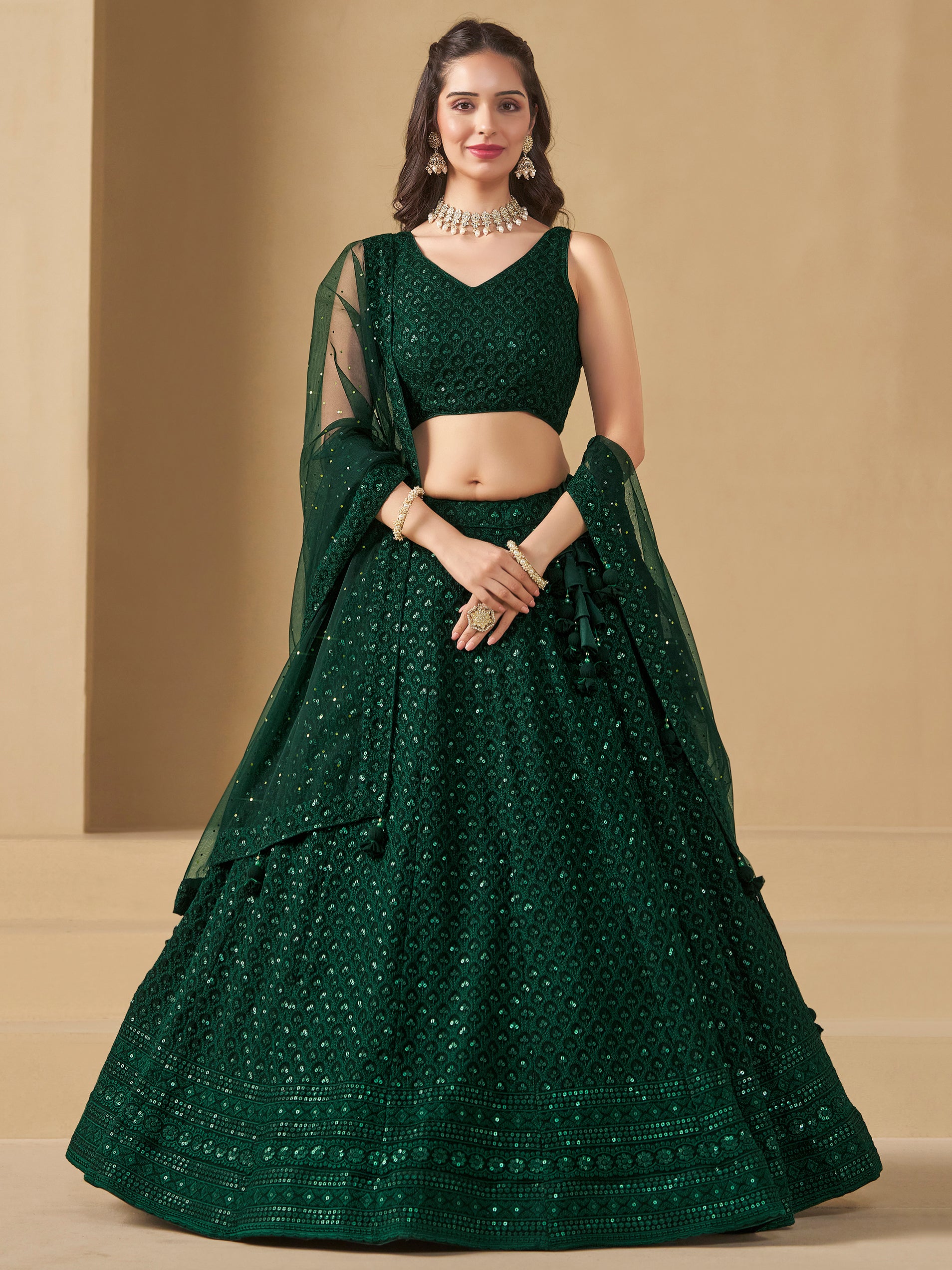 Women's Beautiful Green Sequins & Thread Embroidered Georgette Fabric Engagement Wear Bridesmaid Indian Wedding Lehenga Dress | Trendia Global Women's Beautiful Green Sequins & Thread Embroidered Georgette Fabric Engagement Wear Bridesmaid Indian Wedding Lehenga Dress | Trendia Global
