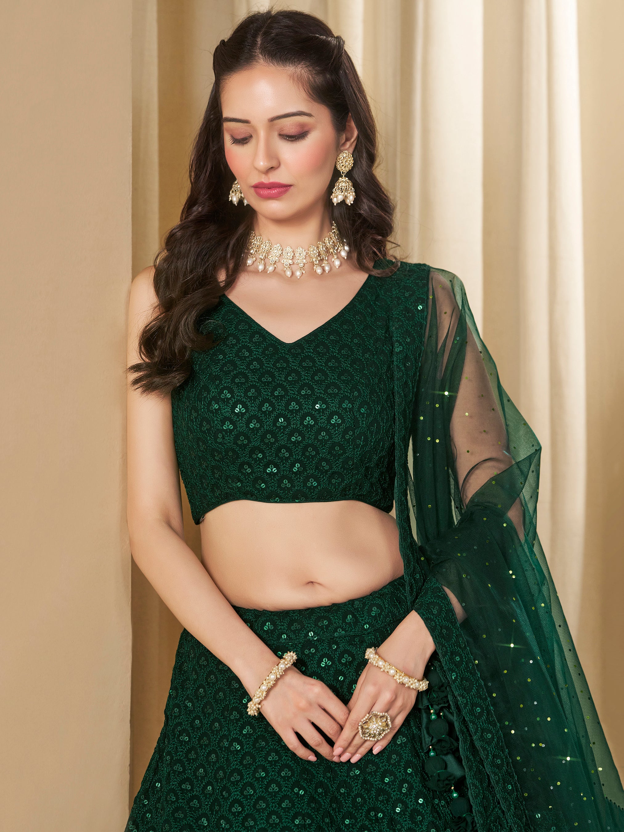 Women's Beautiful Green Sequins & Thread Embroidered Georgette Fabric Engagement Wear Bridesmaid Indian Wedding Lehenga Dress | Trendia Global Women's Beautiful Green Sequins & Thread Embroidered Georgette Fabric Engagement Wear Bridesmaid Indian Wedding Lehenga Dress | Trendia Global