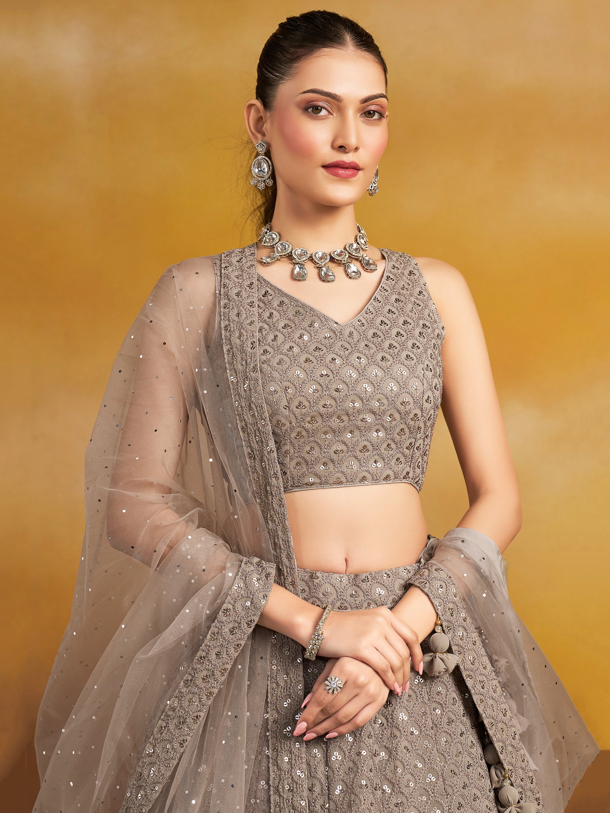 Women's Beautiful Grey Sequins And Thread Embroidered Georgette Fabric Engagement & Wedding Party Wear Indian Lehenga Dress | Trendia Global Women's Beautiful Grey Sequins And Thread Embroidered Georgette Fabric Engagement & Wedding Party Wear Indian Lehenga Dress | Trendia Global
