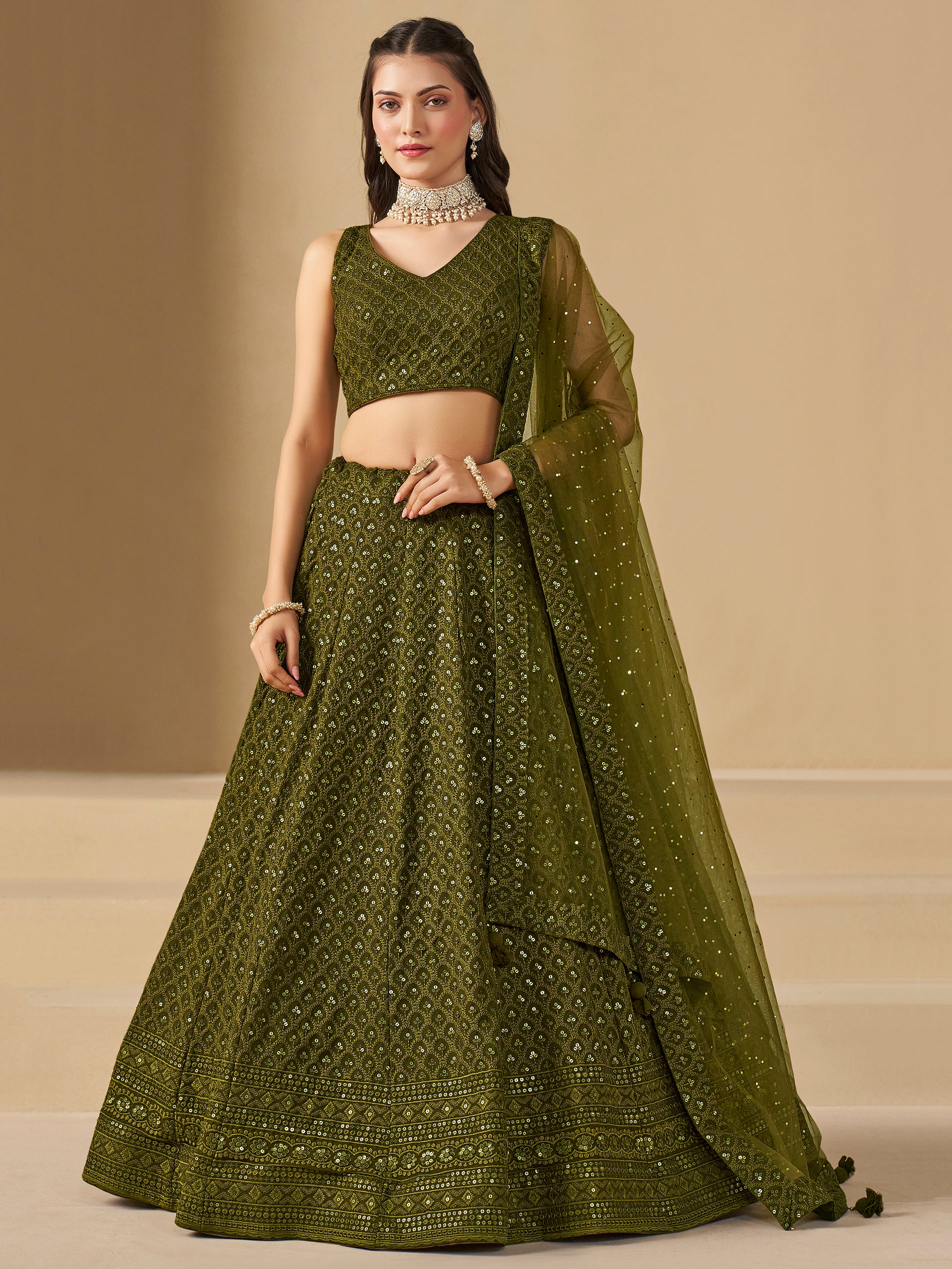 Women's Fabulous Mehndi-Green Sequins And Thread Embroidered Georgette Wedding And Bridal Wear Indian Wedding Bridal Lehenga Choli Dress | Trendia Women's Fabulous Mehndi-Green Sequins And Thread Embroidered Georgette Wedding And Bridal Wear Indian Wedding Bridal Lehenga Choli Dress | Trendia