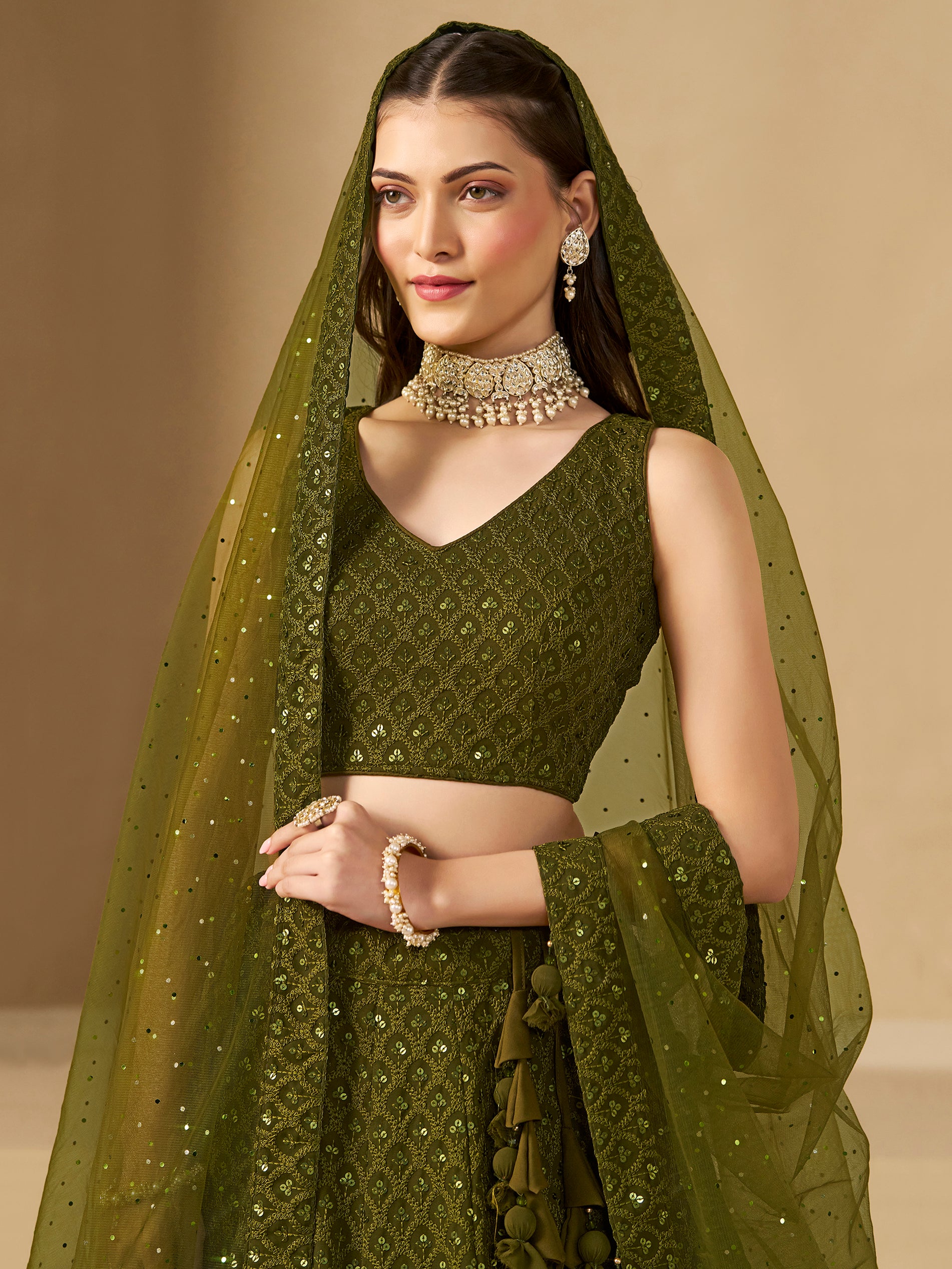 Women's Fabulous Mehndi-Green Sequins And Thread Embroidered Georgette Wedding And Bridal Wear Indian Wedding Bridal Lehenga Choli Dress | Trendia Women's Fabulous Mehndi-Green Sequins And Thread Embroidered Georgette Wedding And Bridal Wear Indian Wedding Bridal Lehenga Choli Dress | Trendia