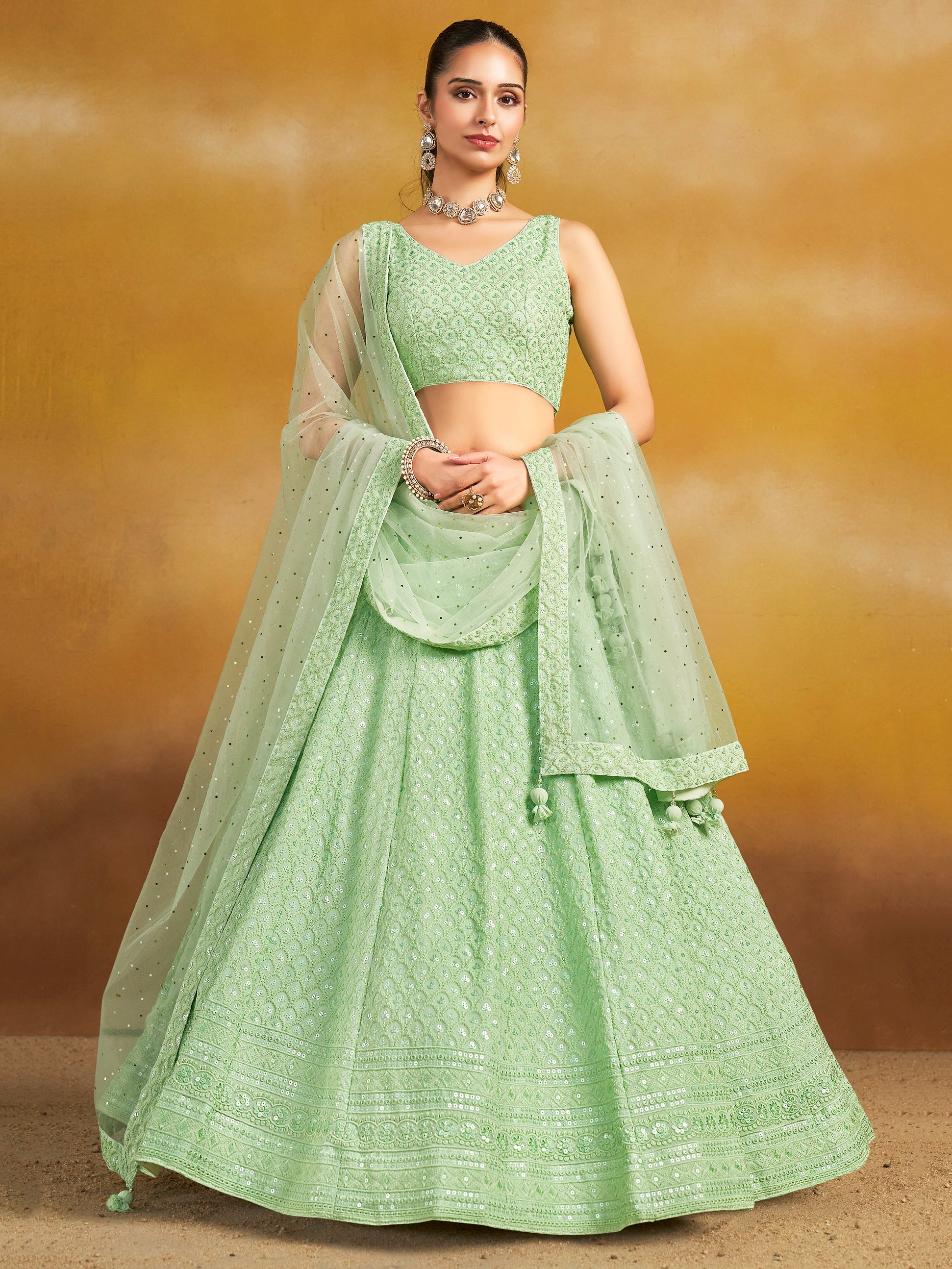 Women's Gorgeous Mint-Green Sequins And Thread Embroidered Georgette Designer Indian Wedding & Party Wear Lehenga Choli Dress | Trendia Global Women's Gorgeous Mint-Green Sequins And Thread Embroidered Georgette Designer Indian Wedding & Party Wear Lehenga Choli Dress | Trendia Global