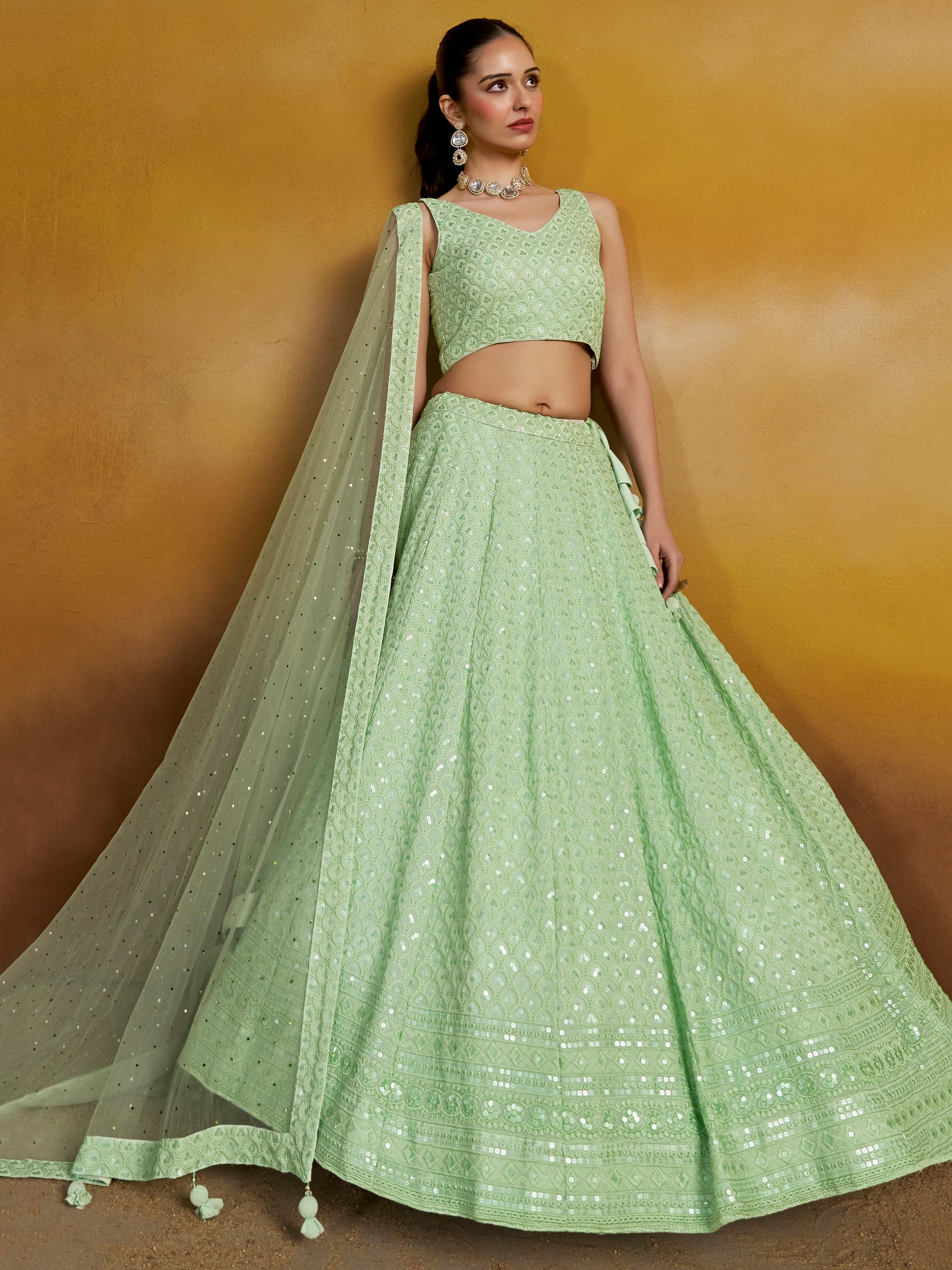 mint green dress indian Women's Gorgeous Mint-Green Sequins And Thread Embroidered Georgette Designer Indian Wedding & Party Wear Lehenga Choli Dress