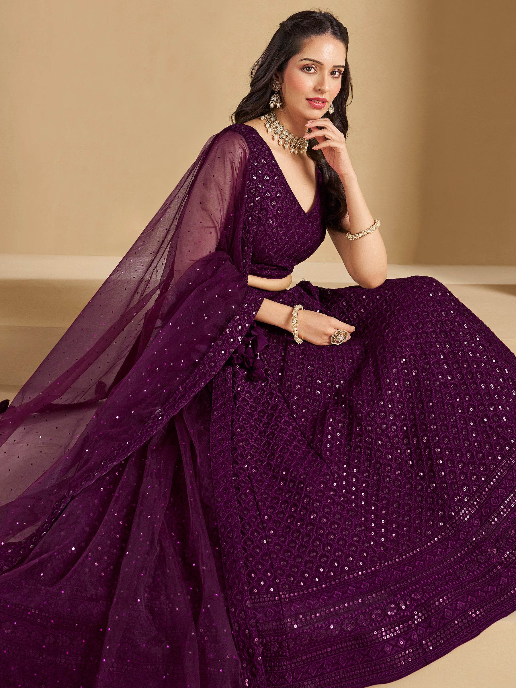 Women's Lovely Wine Colored Sequins & Thread Embroidered Georgette Designer Indian Wedding Bridal Party Wear Lehenga Dress | Trendia Global Women's Lovely Wine Colored Sequins & Thread Embroidered Georgette Designer Indian Wedding Bridal Party Wear Lehenga Dress | Trendia Global
