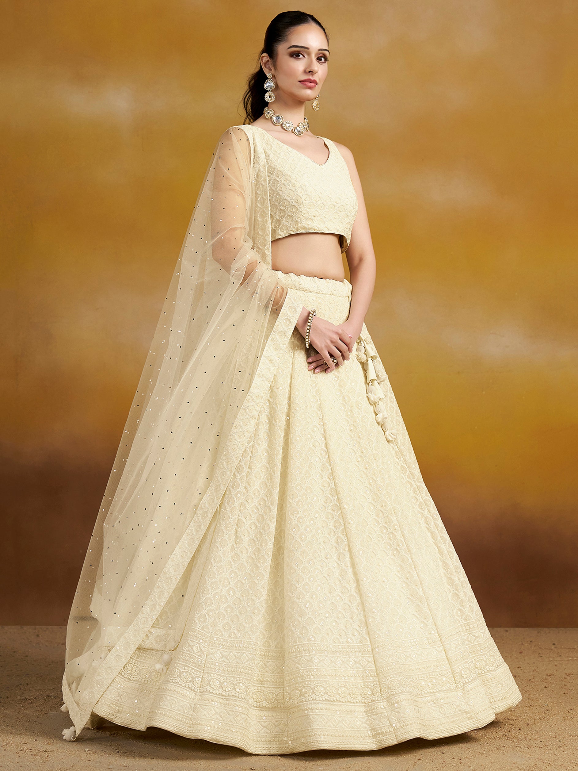 Women's Delightful White Sequins & Thread Embroidered Georgette Wedding Reception Engagement And Party Wear Indian Lehenga Dress | Trendia Global Women's Delightful White Sequins & Thread Embroidered Georgette Wedding Reception Engagement And Party Wear Indian Lehenga Dress | Trendia Global