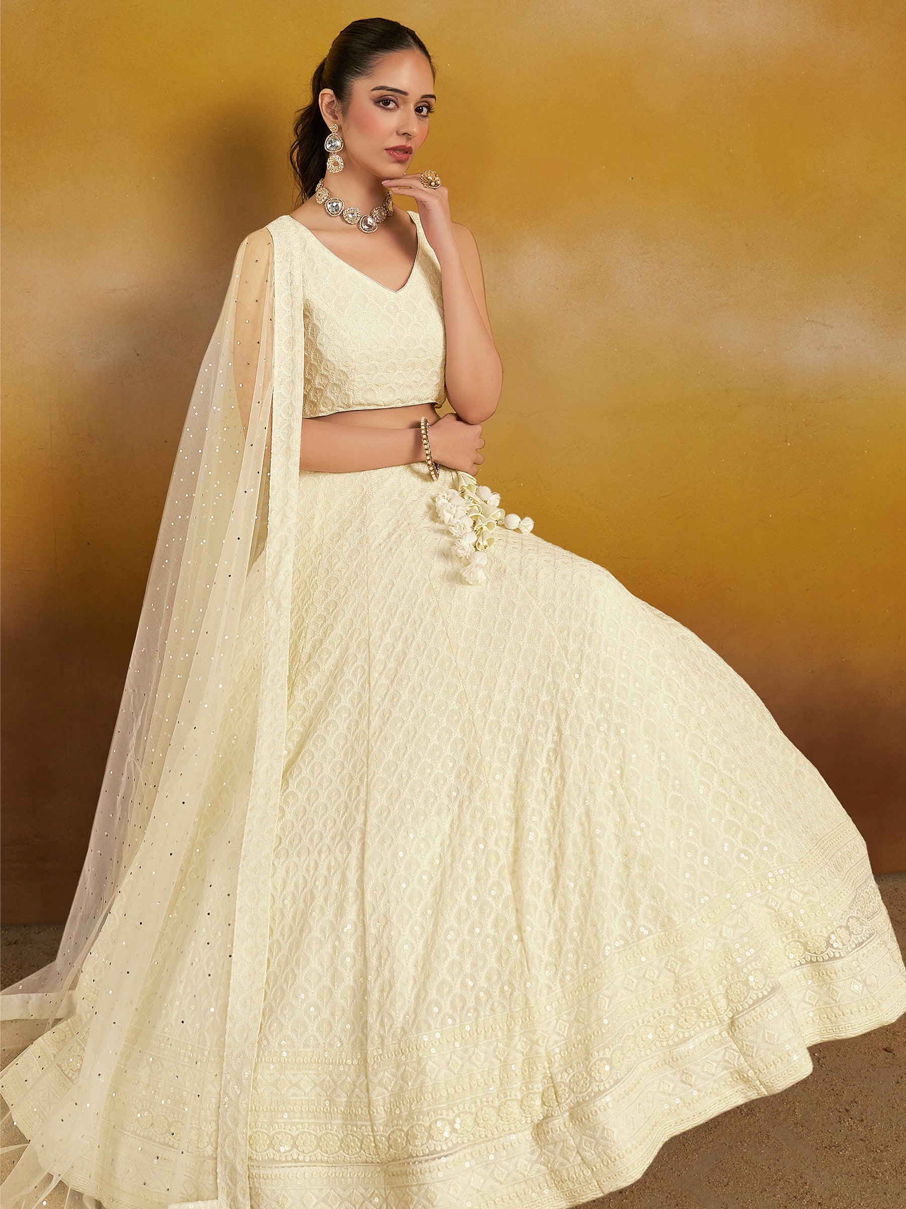 Women's Delightful White Sequins & Thread Embroidered Georgette Wedding Reception Engagement And Party Wear Indian Lehenga Dress | Trendia Global Women's Delightful White Sequins & Thread Embroidered Georgette Wedding Reception Engagement And Party Wear Indian Lehenga Dress | Trendia Global