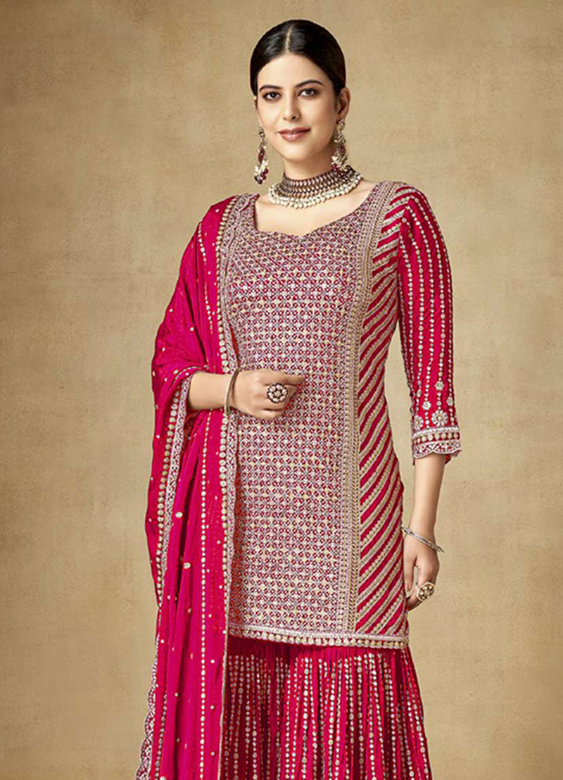 Women's Red Colour Embroidered Semi Stitched Chinon Silk Sharara Suit - Monjolika
