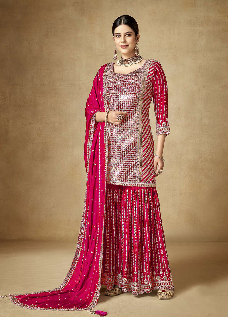 Women's Red Colour Embroidered Semi Stitched Chinon Silk Sharara Suit - Monjolika