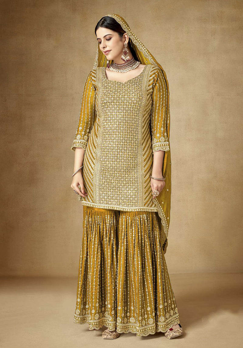 Women's Mustard Colour Embroidered Semi Stitched Chinon Silk Sharara Suit - Monjolika