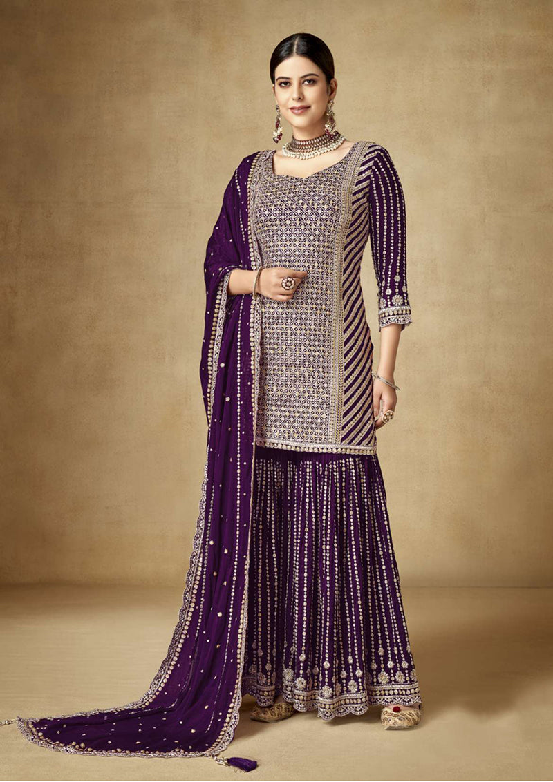 Women's Dark Violet Colour Embroidered Semi Stitched Chinon Silk Sharara Suit - Monjolika