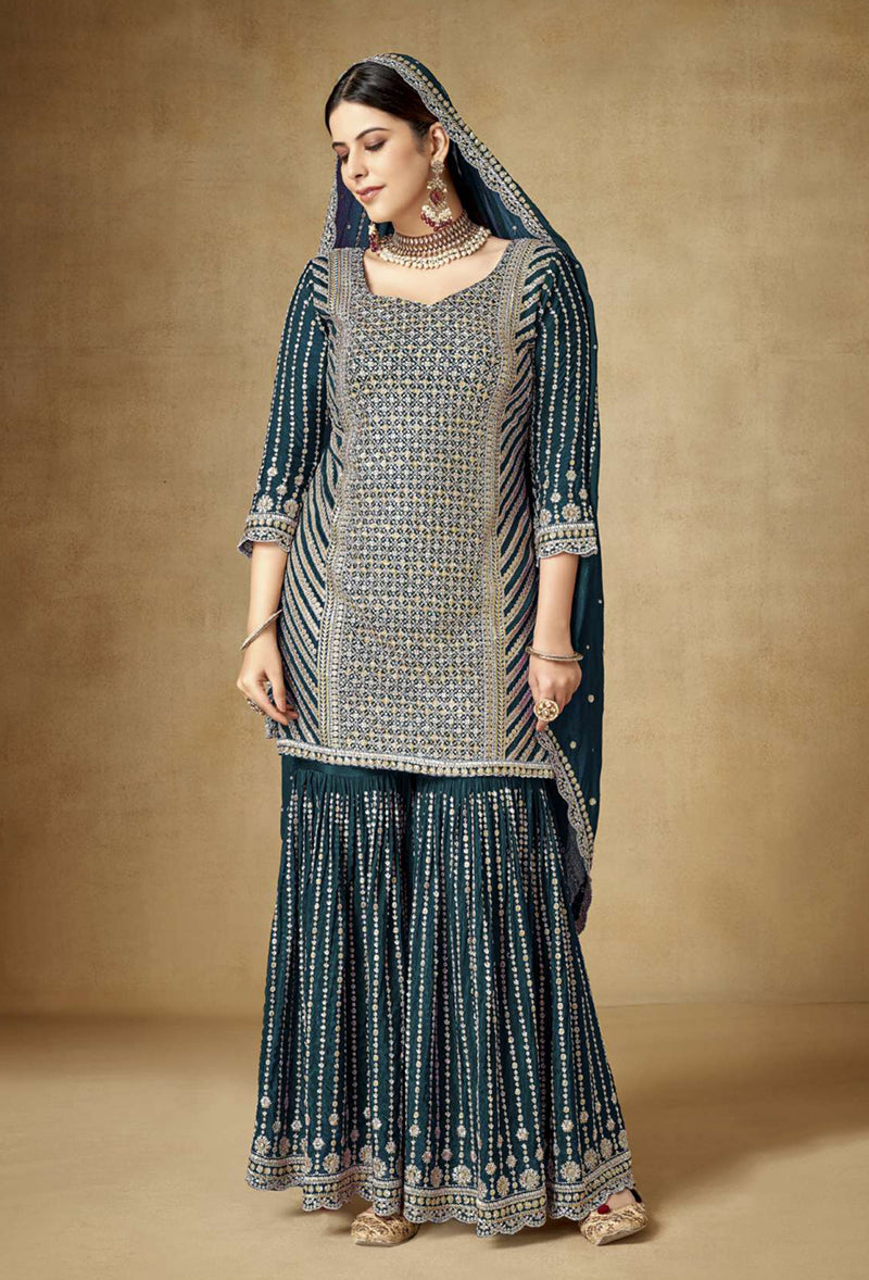 Women's Dark Green Colour Embroidered Semi Stitched Chinon Silk Sharara Suit - Monjolika
