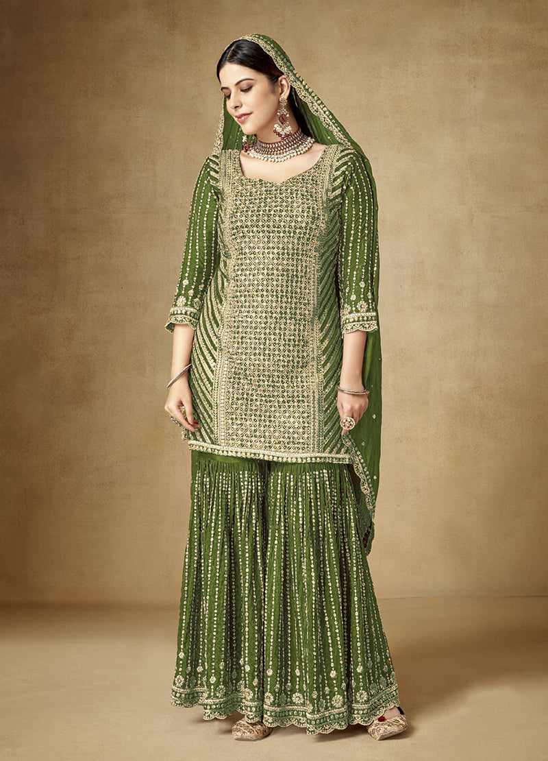 Women's Mehendi Colour Embroidered Semi Stitched Chinon Silk Sharara Suit - Monjolika