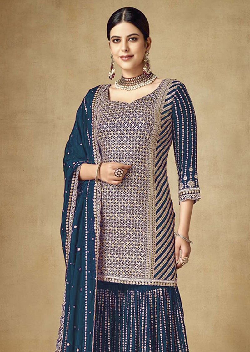 Women's Navy Blue Colour Embroidered Semi Stitched Chinon Silk Sharara Suit - Monjolika