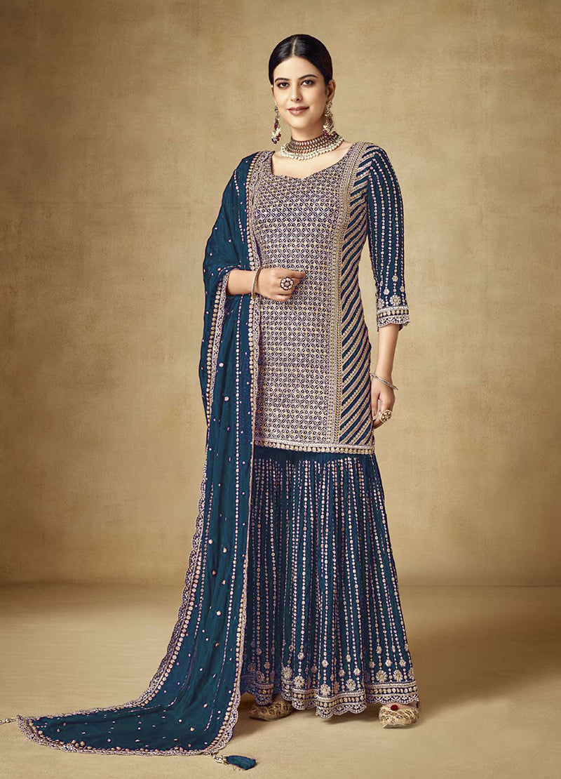 Women's Navy Blue Colour Embroidered Semi Stitched Chinon Silk Sharara Suit - Monjolika