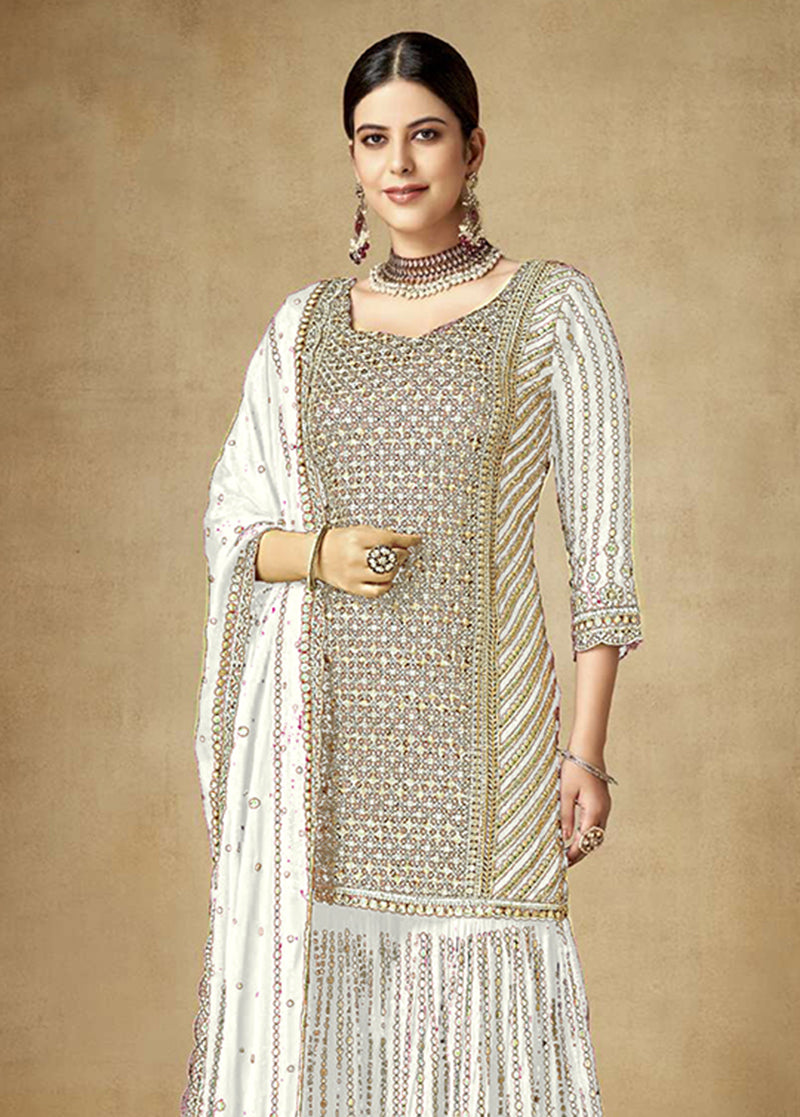 Women's Off White Colour Embroidered Semi Stitched Chinon Silk Sharara Suit - Monjolika