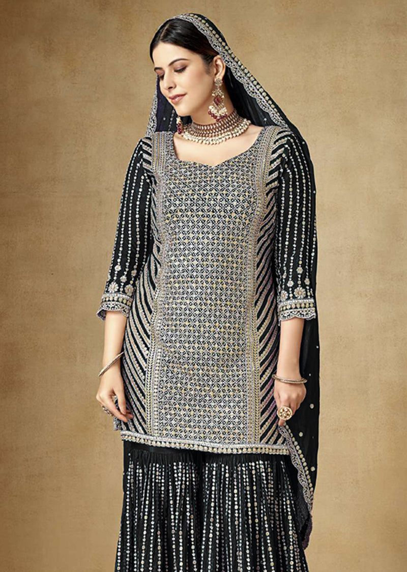 Women's Black Colour Embroidered Semi Stitched Chinon Silk Sharara Suit - Monjolika