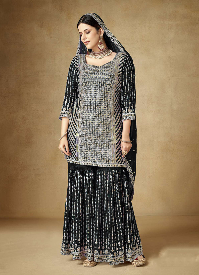 Women's Black Colour Embroidered Semi Stitched Chinon Silk Sharara Suit - Monjolika