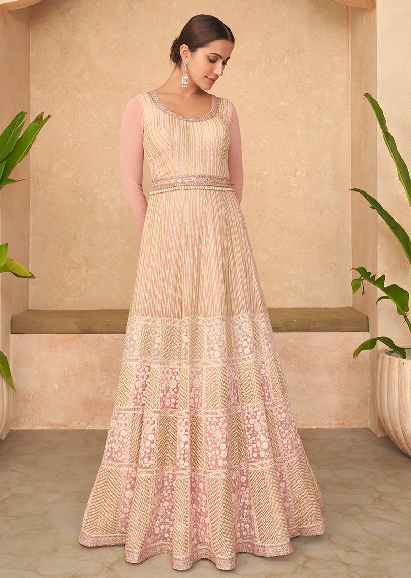Women's Peach Color Pure Georgette Embroidered Partywear Dress - Monjolika