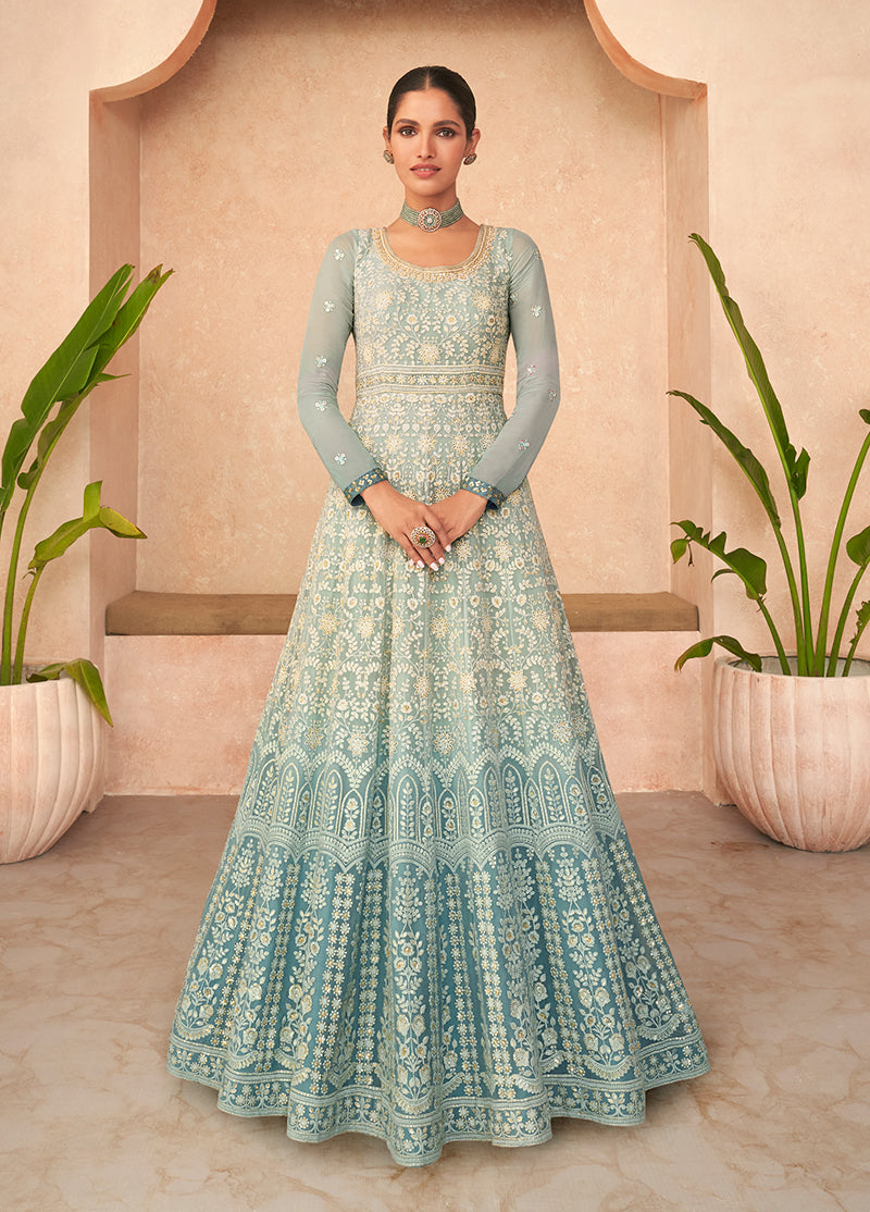 Women's Light Sky Blue Color Pure Georgette Embroidered Partywear Dress - Monjolika