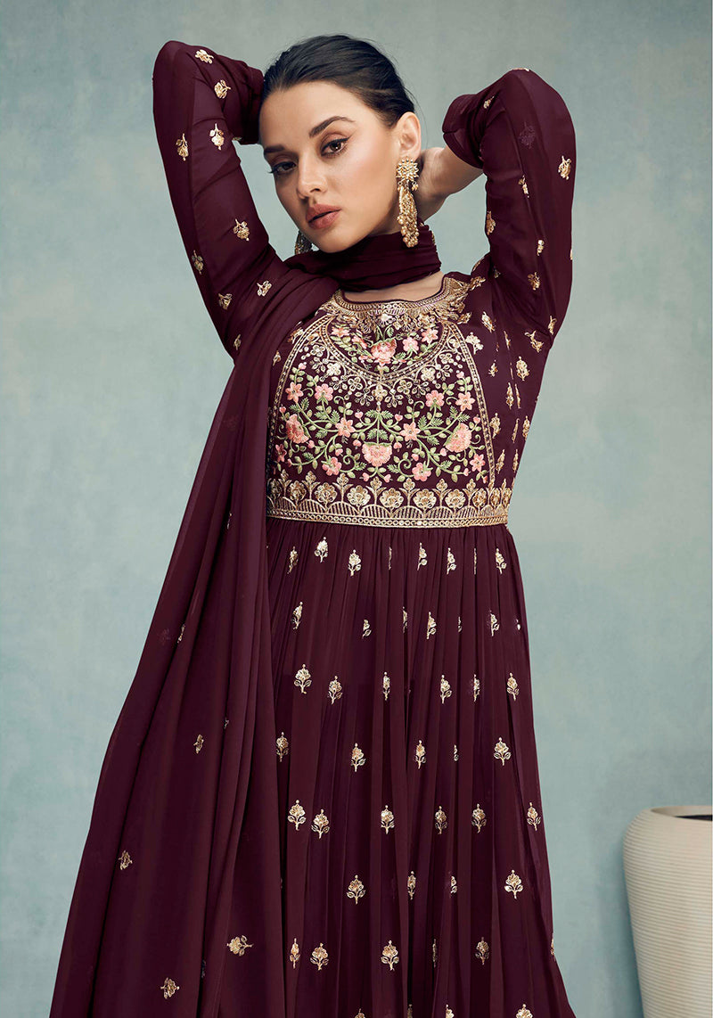 Women's Chocolate Color Pure Georgette Embroidered Palazzo Dress - Monjolika
