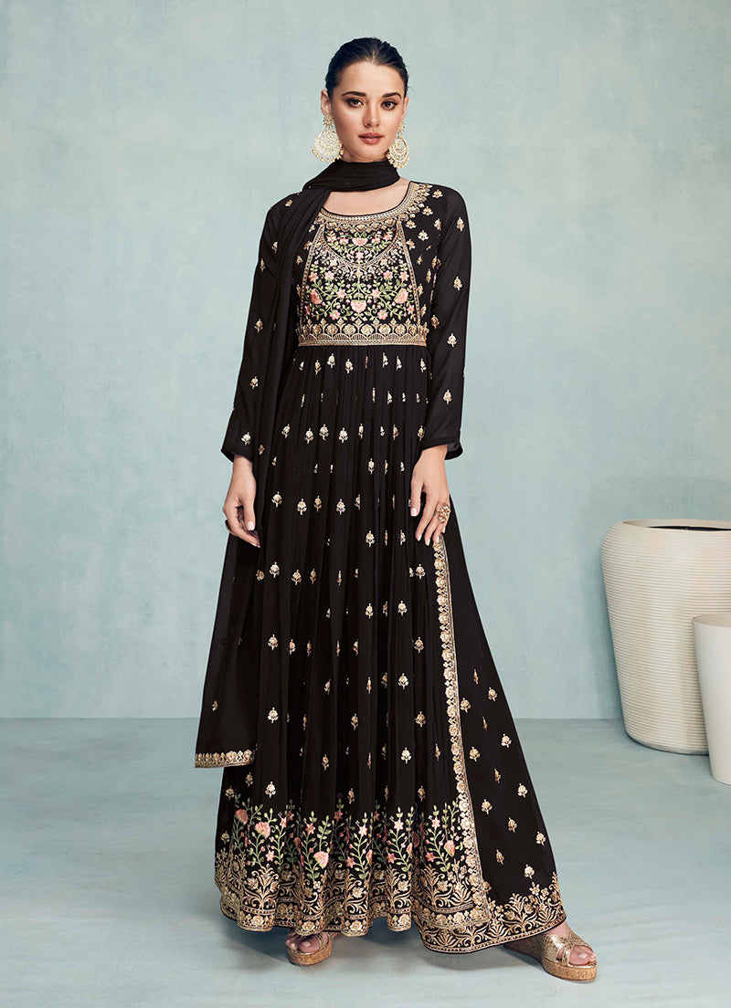 Women's Black Color Pure Georgette Embroidered Palazzo Dress - Monjolika