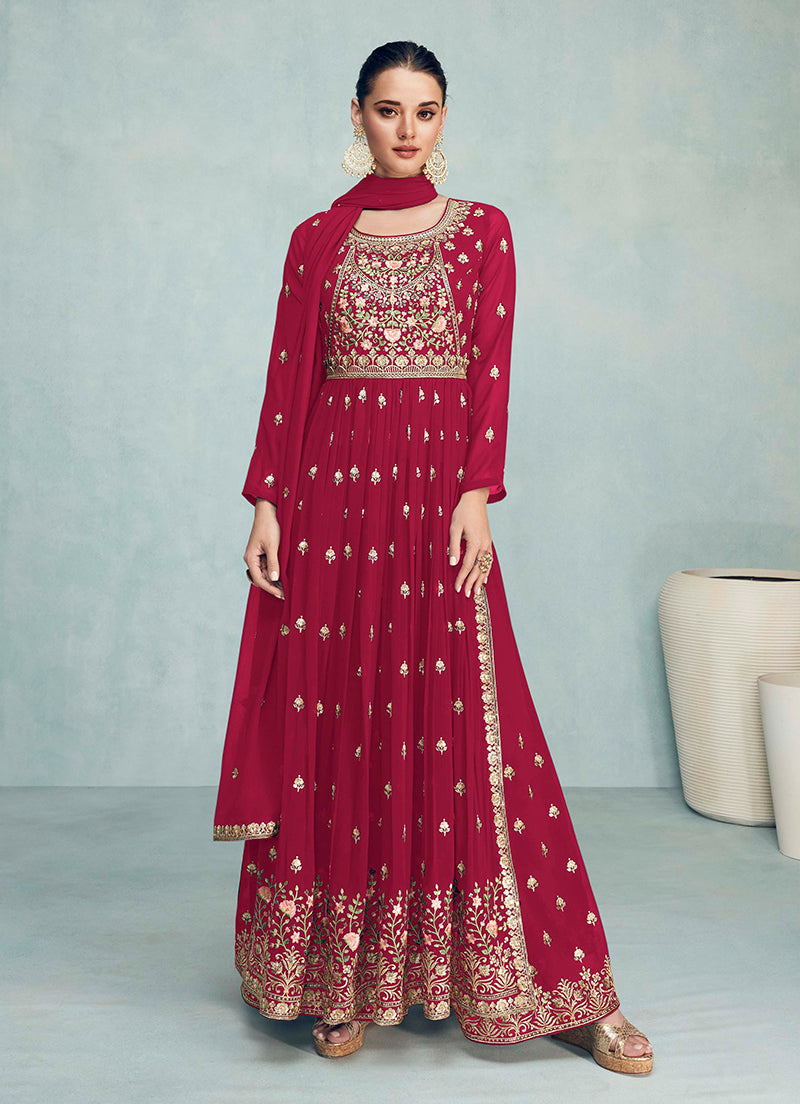 Women's Maroon Color Pure Georgette Embroidered Palazzo Dress - Monjolika