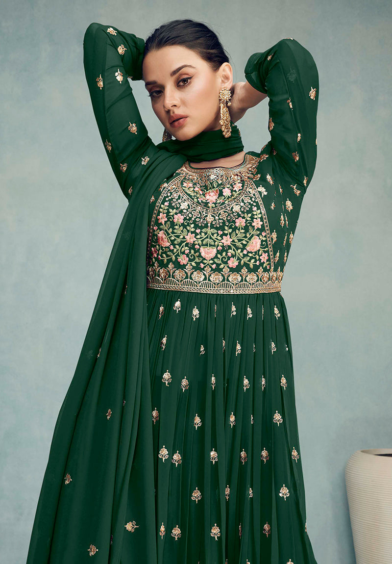 Women's Dark Green Color Pure Georgette Embroidered Palazzo Dress - Monjolika