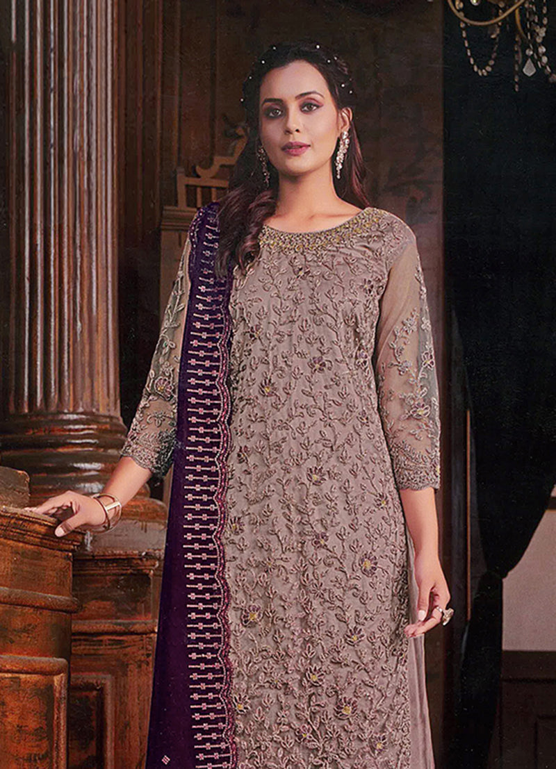 Women's Chikoo Colour Soft Net Embroidered Designer Palazzo Suit - Monjolika