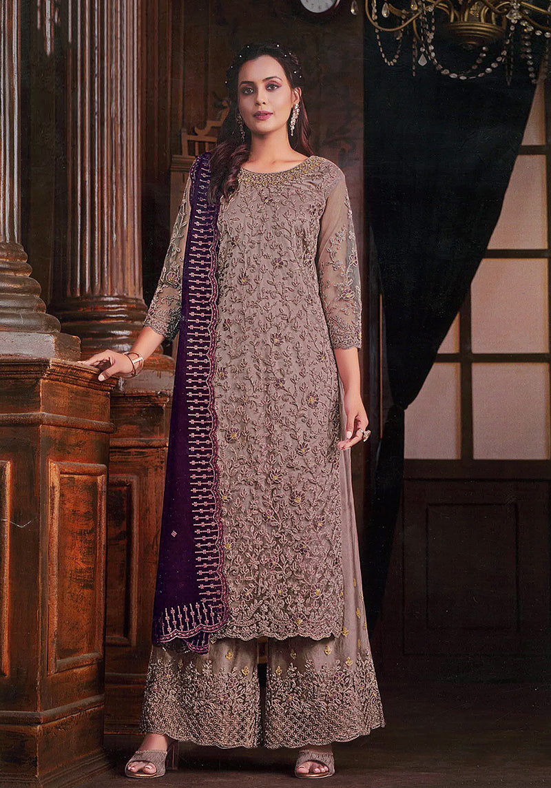 Women's Chikoo Colour Soft Net Embroidered Designer Palazzo Suit - Monjolika