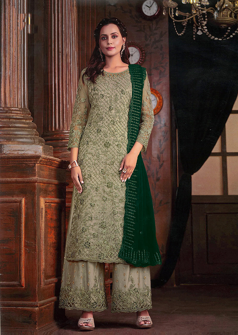 Women's Light Pear Colour Soft Net Embroidered Designer Palazzo Suit - Monjolika