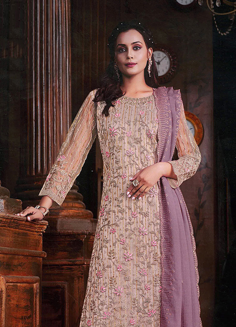 Women's Beige Colour Soft Net Embroidered Designer Palazzo Suit - Monjolika