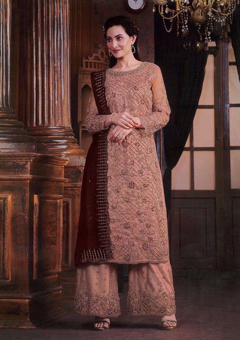 Women's Dark Peach Colour Soft Net Embroidered Designer Palazzo Suit - Monjolika