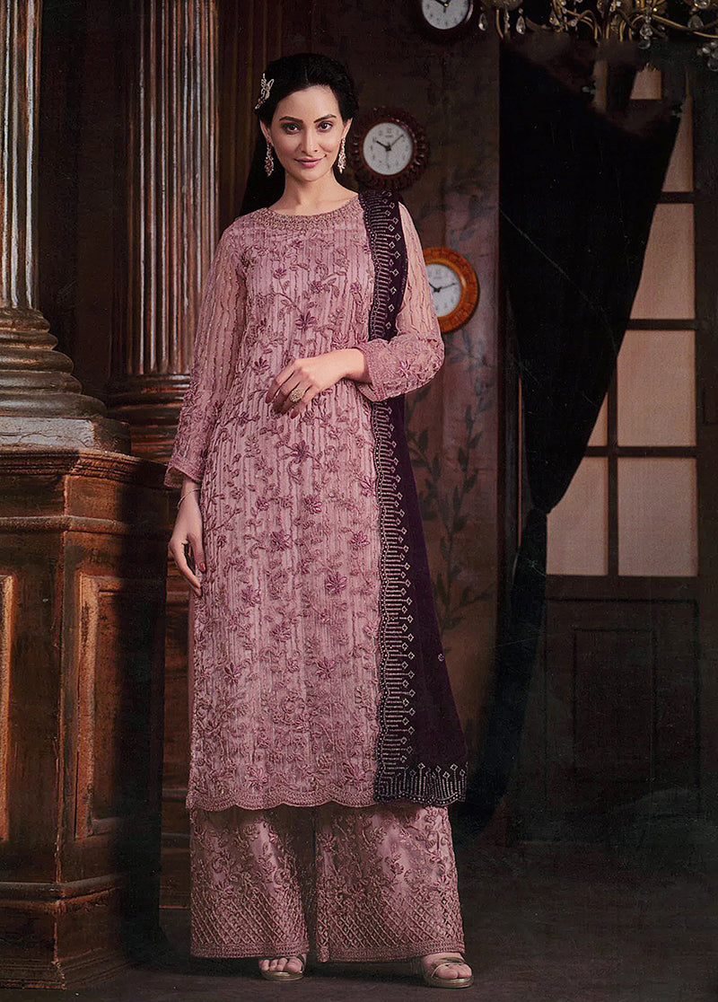 Women's Mauve Colour Soft Net Embroidered Designer Palazzo Suit - Monjolika
