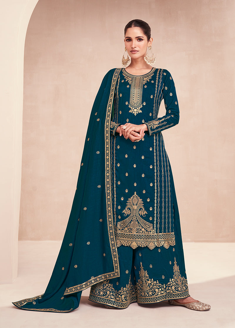 Women's Dark Teal Colour Embroidered Premium Silk Sharara Suit - Monjolika