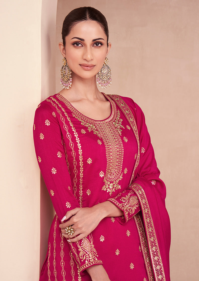 Women's Magenta Colour Embroidered Premium Silk Sharara Suit - Monjolika