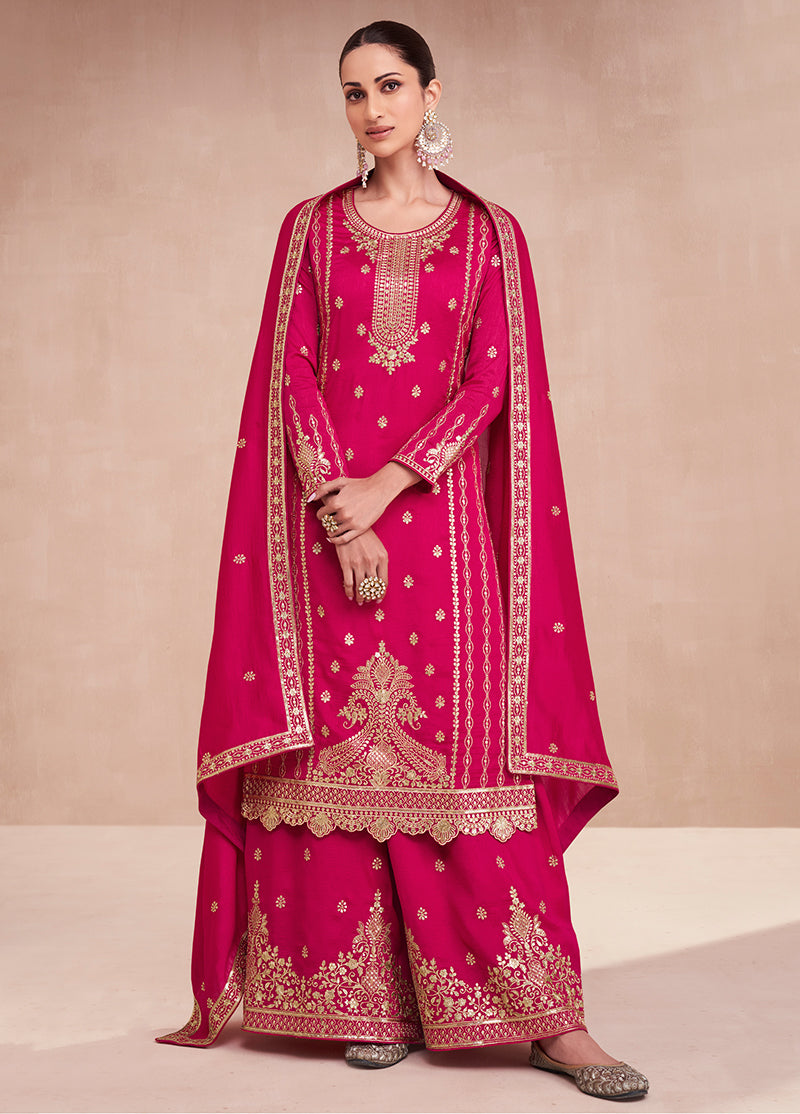 Women's Magenta Colour Embroidered Premium Silk Sharara Suit - Monjolika