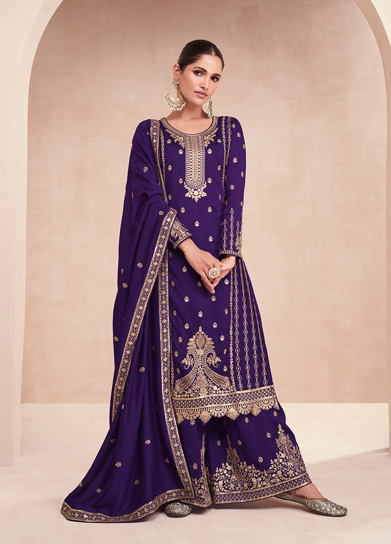 Women's Dark Violet Colour Embroidered Premium Silk Sharara Suit - Monjolika