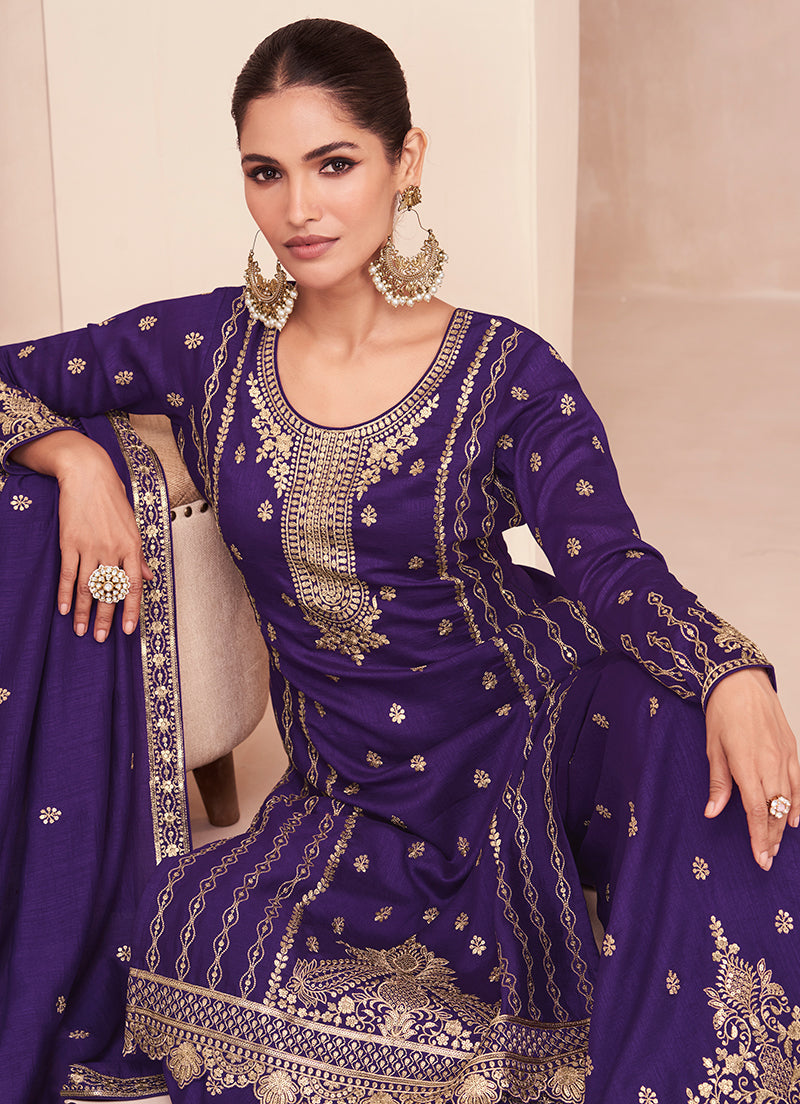 Women's Dark Violet Colour Embroidered Premium Silk Sharara Suit - Monjolika