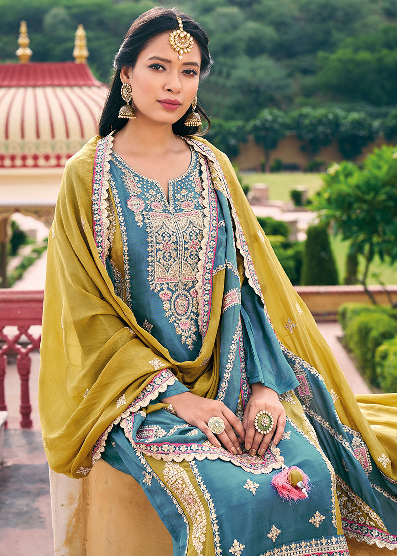 Women's Teal Blue Colour Chinon Silk Embroidered Designer Salwar Suit - Monjolika