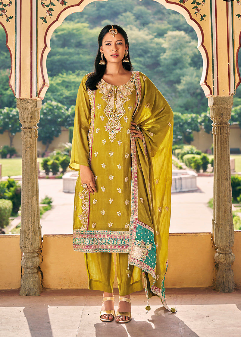 Women's Mustard Colour Chinon Silk Embroidered Designer Salwar Suit - Monjolika