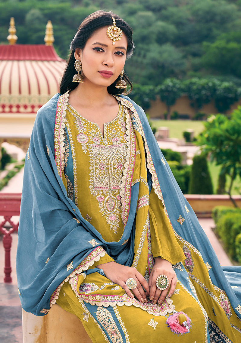 Women's Mustard Colour Chinon Silk Embroidered Designer Salwar Suit - Monjolika