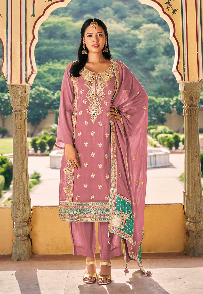 Women's Salmon Colour Chinon Silk Embroidered Designer Salwar Suit - Monjolika